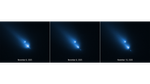 Image from NASAu2019s Hubble Space Telescope of the fragmenting comet C/2025 K1 (ATLAS), or K1 for short. Five bright, fuzzy, blue, comet-like objects streak in a diagonal line from the upper left to the lower right of a black background.