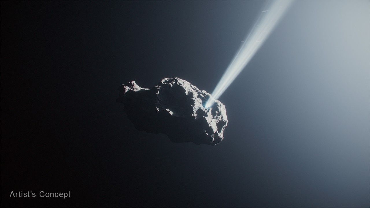 Illustration, close up of rocky, potato-shaped body of a comet with detailed, cratered surface at the bottom right. A glowing ray emanates from the rocky surface like sunlight through clouds. It extends from the cometu2019s surface across the image to the left. This represents water ice being vaporized by the heat of the Sun. There are small bright dots within the ray, representing fragments of the comet. The words Artist's Concept appears at the bottom left.