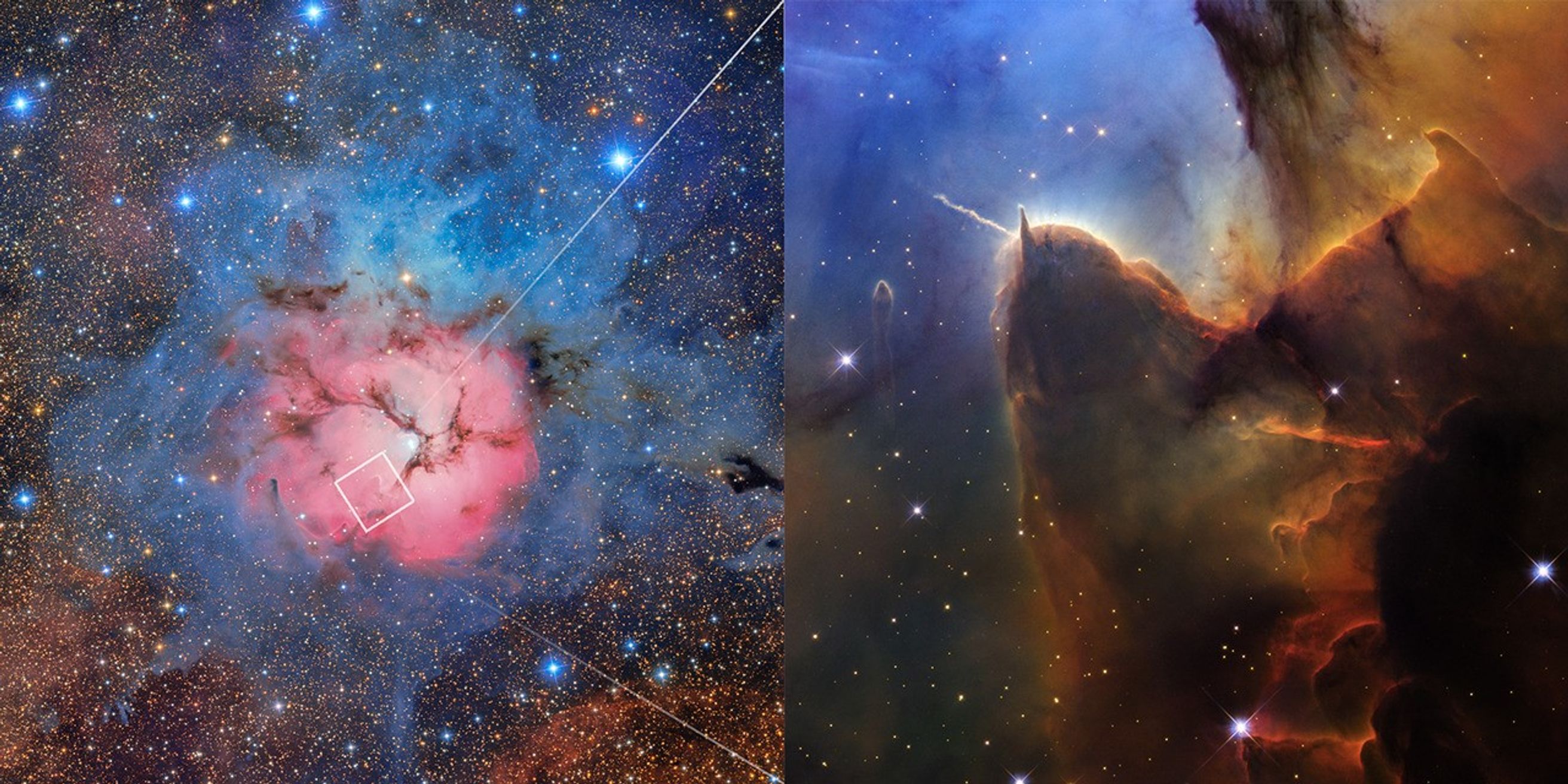 A ground-based photo of the full Trifid Nebula is shown on the left half with an inset image from the Hubble Space Telescope at right. At left, an irregular mostly opaque circle takes up the majority of the view. The circle has a bright pink interior crossed with a few dark, jagged dust lanes. A significant region around that appears blue. The edges have shades of orange and brown, with the star-filled black background of space peeking through. Hubbleu2019s close-up is outlined just below center to the left. The top left is bright blue. Brown and amber colors run from top right through the center in irregular, overlapping lines to the bottom-center. At bottom right, the view is almost black. Tiny, amber-colored stars appear throughout the scene. Toward the left there is a prominent brown shape that looks like a head with two horns.