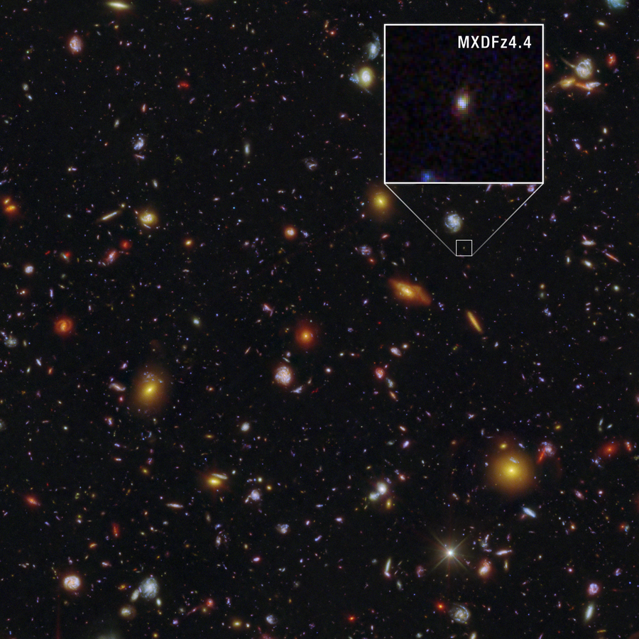 Thousands of galaxies appear across the black background of space. The galaxies range in size, from big blobs and larger face-on spirals to short lines and tiny dots. The galaxies appear in a variety of colors, including orange, white, pink, and blue. One prominent foreground star appears toward the lower right with several diffraction spikes. A white square highlights one tiny pinpoint of blue light in the top third, which is blown up in a box above it and labeled MXDFz4.4. The galaxy has a light blue core with some yellow and red blotches around its edges.