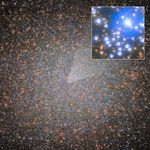A Hubble image of globular star cluster Omega Centauri, which looks like a dense field of stars. Some stars appear a bit larger and brighter than others; most appear blue, orange, or yellow. The colors appear uniformly distributed, like grains of sand. Stars toward the clusteru2019s center are packed closer together, creating a more luminous area at the globular clusteru2019s core. A small red square frame is superimposed on the cluster near the imageu2019s center. It connects to a square pullout in the top-right corner, which shows the outlined area in greater detail. Among the blue- and orange-colored stars is small blue-white dot highlighted by a small red circle.