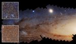 The left half of the disk of the Andromeda galaxy, with a jagged outer edge at the top and bottom on a black background. At right, the galaxyu2019s center is a horizontal yellow oval extending across about a third of the image. Two crescent shaped clumpy, dark dust lanes with abundant stars throughout extend out from the center. The galaxy becomes bluer as you move outward. At top middle, the satellite galaxy M32 appears as a small, fuzzy yellow oval. Within the disk of Andromeda, two regions at upper right and lower middle are outlined in small white boxes labeled 1 and 2, respectively. At the left side of the image, those two regions are enlarged in pullouts. Both contain a dense, grainy-appearing field of thousands of stars. Region 1 is noticeably bluer than region 2 and contains blue star-forming clumps.