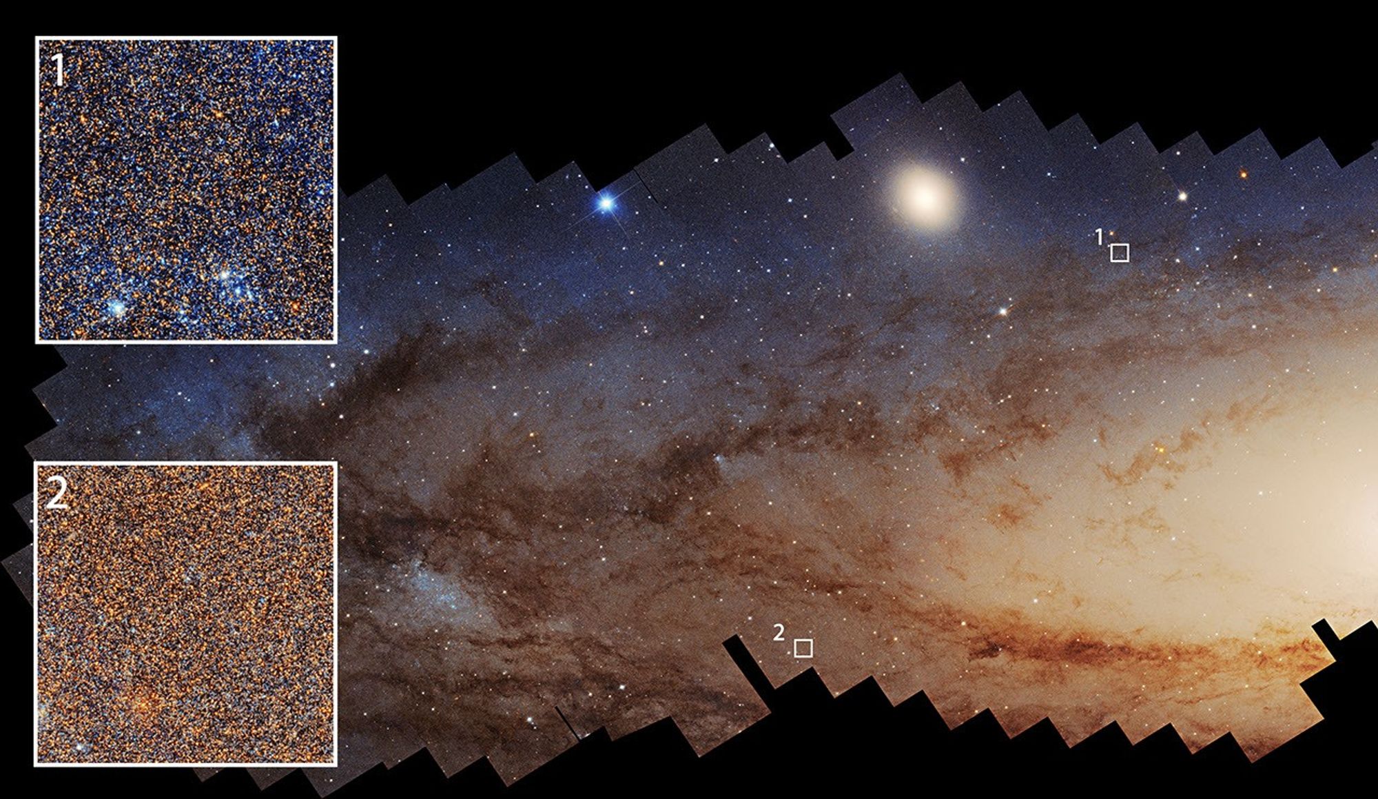 A wide view of the Andromeda galaxy's disk, showing a bright yellow central bulge, dark dust lanes threading through a star-filled disk that shifts from yellow near the center to blue toward the outer edges, with the small satellite galaxy M32 visible near the top