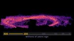 On a black background, a pixelated, partial ring of bright pink and purple extends from 8 ou2019clock clockwise to 3 ou2019clock. There is a black gap at the bottom of the ring as well as in the middle. Below the ring, a timeline labeled millions of years ago lists the numbers 500, 200, 100, 50, 25, 0. The numbers 500 and 200 are yellow with a yellow line between them, indicating that the image shows the rate of star formation that was occurring in that timeframe.