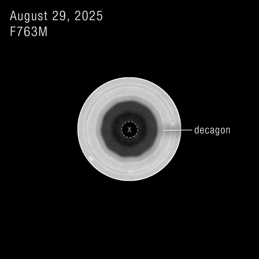 A black and white view of Saturn’s south pole, labeled “August 29, 2025” and “F763M.” The south-polar view of Saturn shows concentric bands of its atmosphere, transitioning from bright outer bands to a dark central region outlined in a 10-sided pattern. This outline is labeled “decagon.” A small, dashed circle at the very center of the pole with an “X” inside denotes missing data.