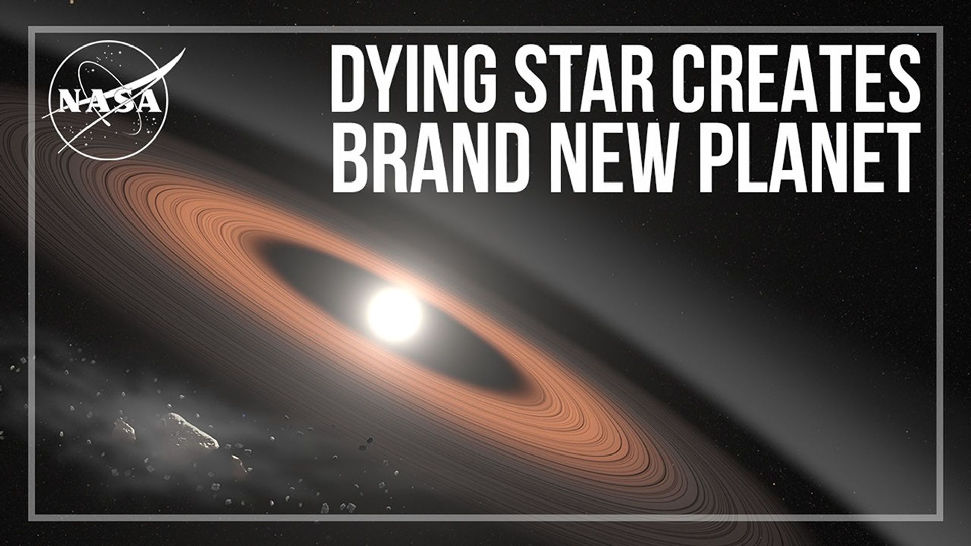 An artist's concept image of a white dwarf star with an orange disk of material around it. The NASA "meatball" logo in black and white is in the upper-left corner. The title, "Dying Star Creates Brand New Planet" is across the top-center to the upper-right corner.