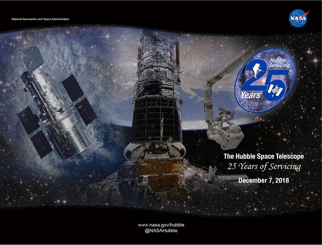 The main image is from Hubble's first servicing mission, showing two astronauts working on the spacecraft in the spacecraft over the Earth. On the left, another image of Hubble over the Earth is visible; on the right is a logo/design celebrating 25 years of Hubble servicing missions.