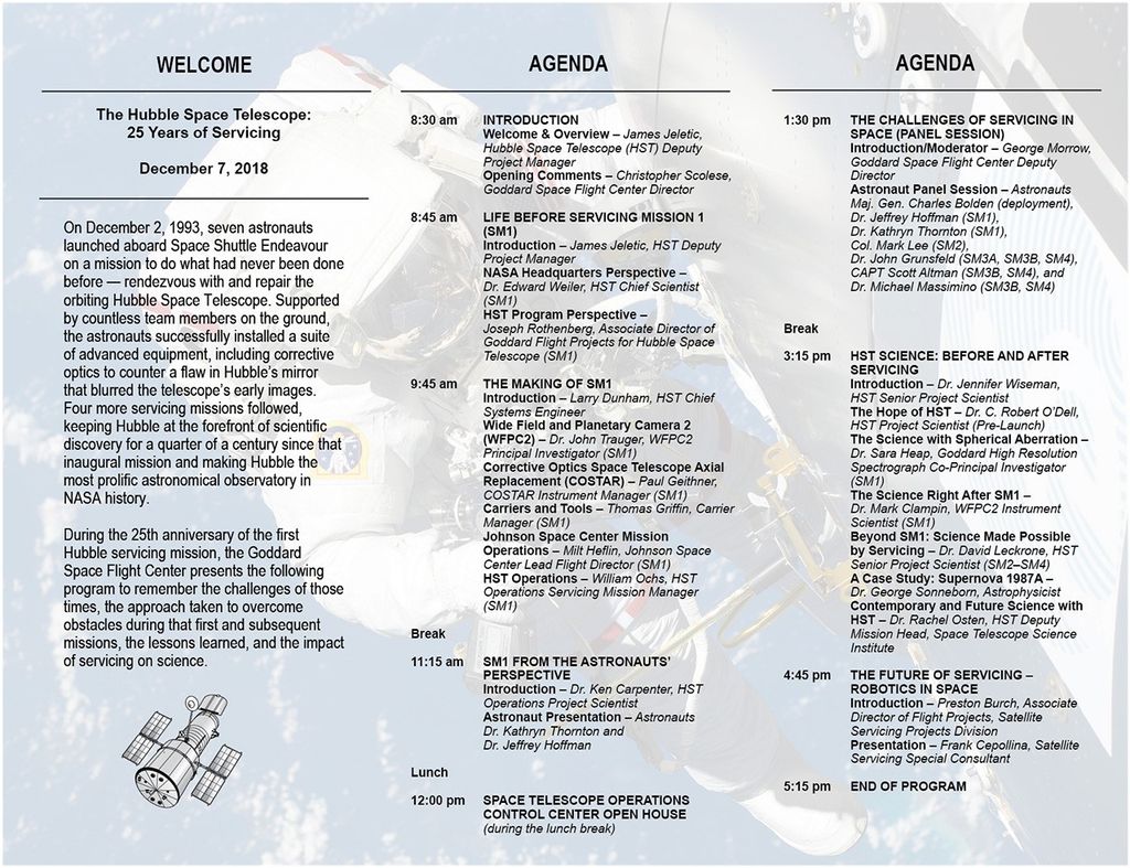 The seminar program, which has the schedule against a backdrop of an astronaut servicing the telescope. A small graphic model of Hubble appears on the left.
