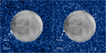Two Side-by-side images of Europa showing a white plume extending from the moon's limb. Left image was takin in 2014, right in 2016.