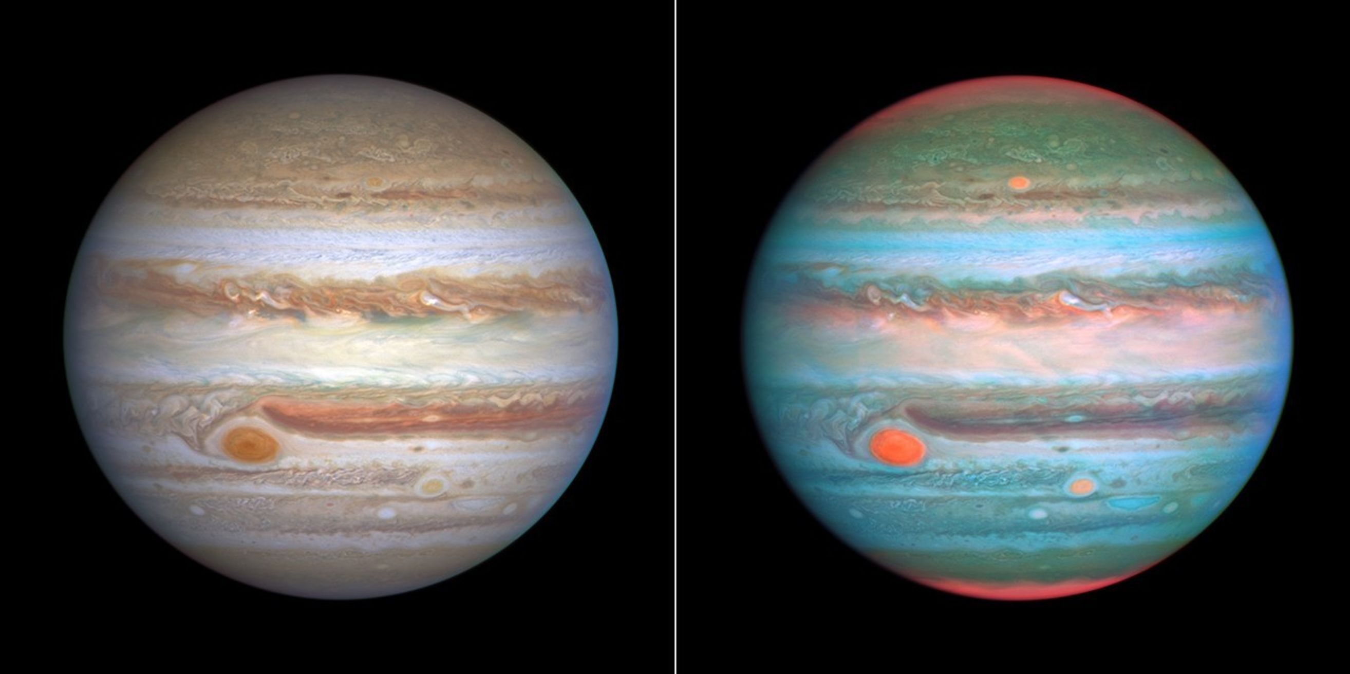 A two-panel image labeled Jupiter, January 5, 2024, HST WFC3/UVIS; showcases the wealth of information provided by the spectral filters on the Hubble's Wide Field Camera 3 (WFC3) science instrument. At left, the Hubble image of Jupiter is created using three filters at wavelengths similar to the colors seen by the human eye: F395N is blue, F502N is green, F658N is red. At right, the wavelength bounds are widened beyond the visible range to extend just into the ultraviolet (UV) and infrared regimes: F343N is blue, F467M is green, FQ889N is red. Humans can't perceive these extended wavelengths. The result is a vivid disk that shows UV-absorbing lofty hazes as orange (over the poles and in three large storms, including the Great Red Spot), and freshly-formed ice as white (compact storm plumes just north of the equator). These filters (and others not shown here) allow astronomers to study differences in cloud thickness, altitude, and chemical makeup.