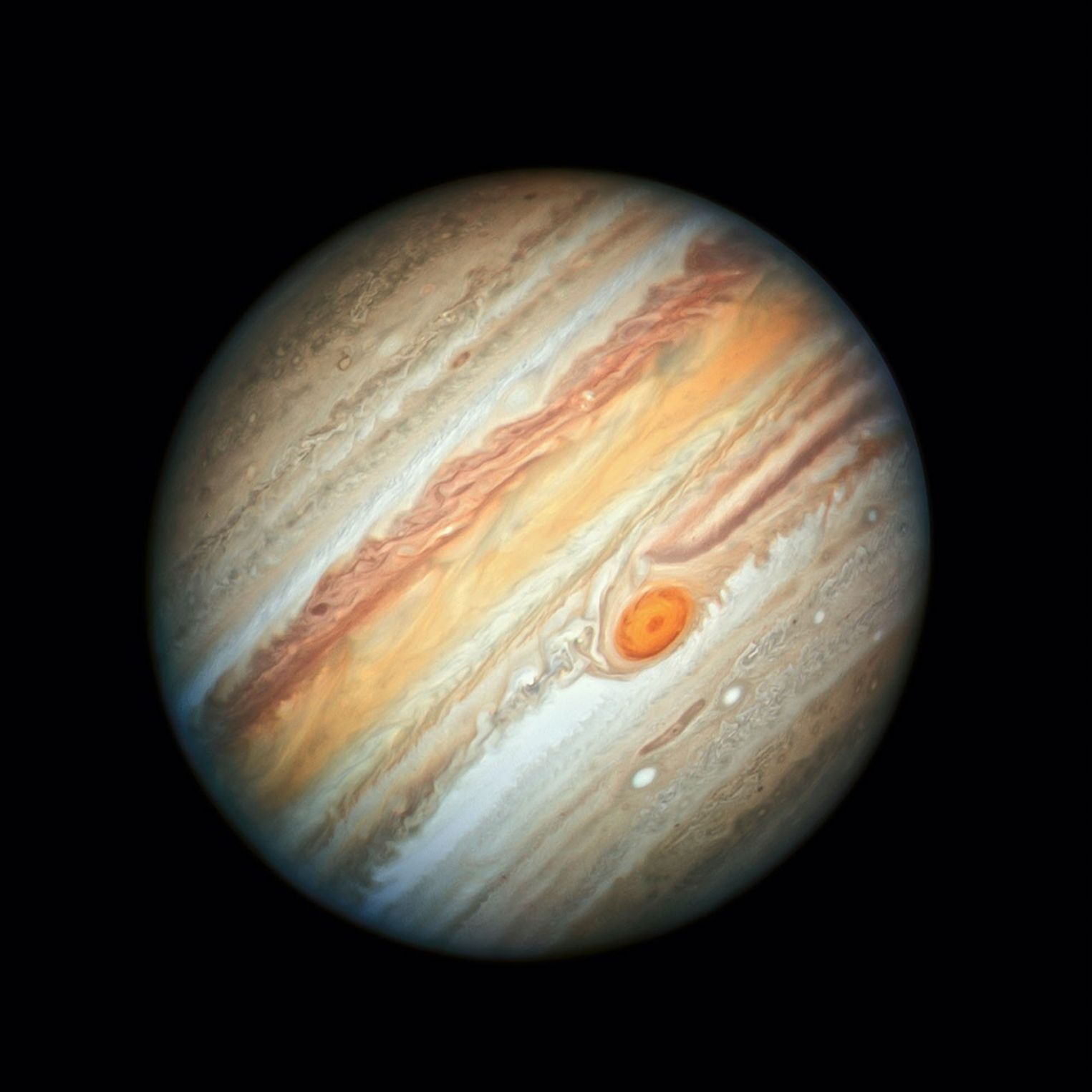 The planet Jupiter, a sphere with horizontal stripes of brown, tan, orange, beige, red, and white appears against a solid black background. The planet’s stripes have varying widths, from very thin to very wide. Within these stripes are mottled, wavy regions, along with several ovals of various sizes. Most of the ovals are whitish, but the largest oval, the Great Red Spot, is orange. The image is taken "sideways" such that Jupiter's stripes run from the upper right to the lower left of the planet in the picture.