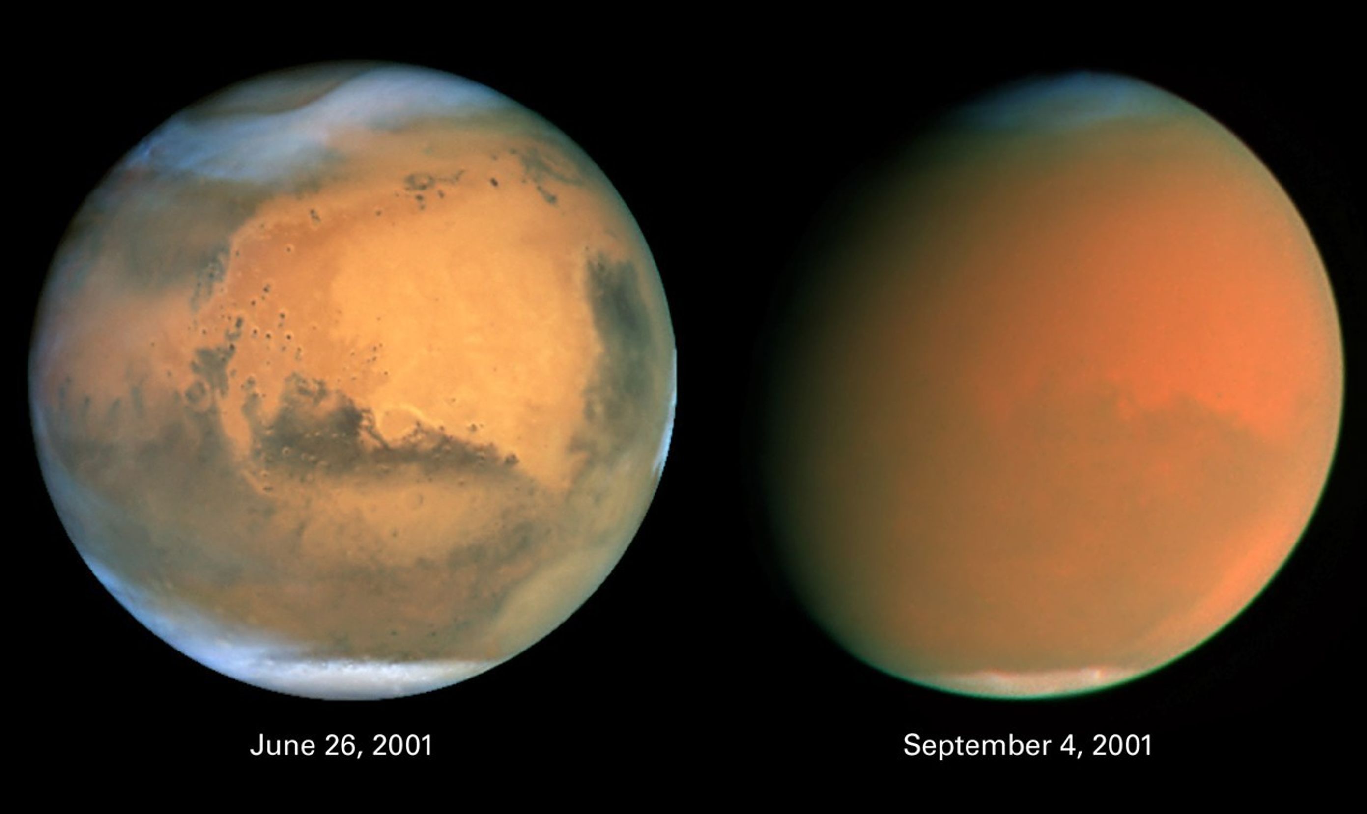 Two images Hubble images of Mars. The left image was taken on 26 June 2001 and shows Mars with its polar caps and a few white clouds. The right image was taken on 4 September 2001 and shows the planet enshrouded in a dust storm.