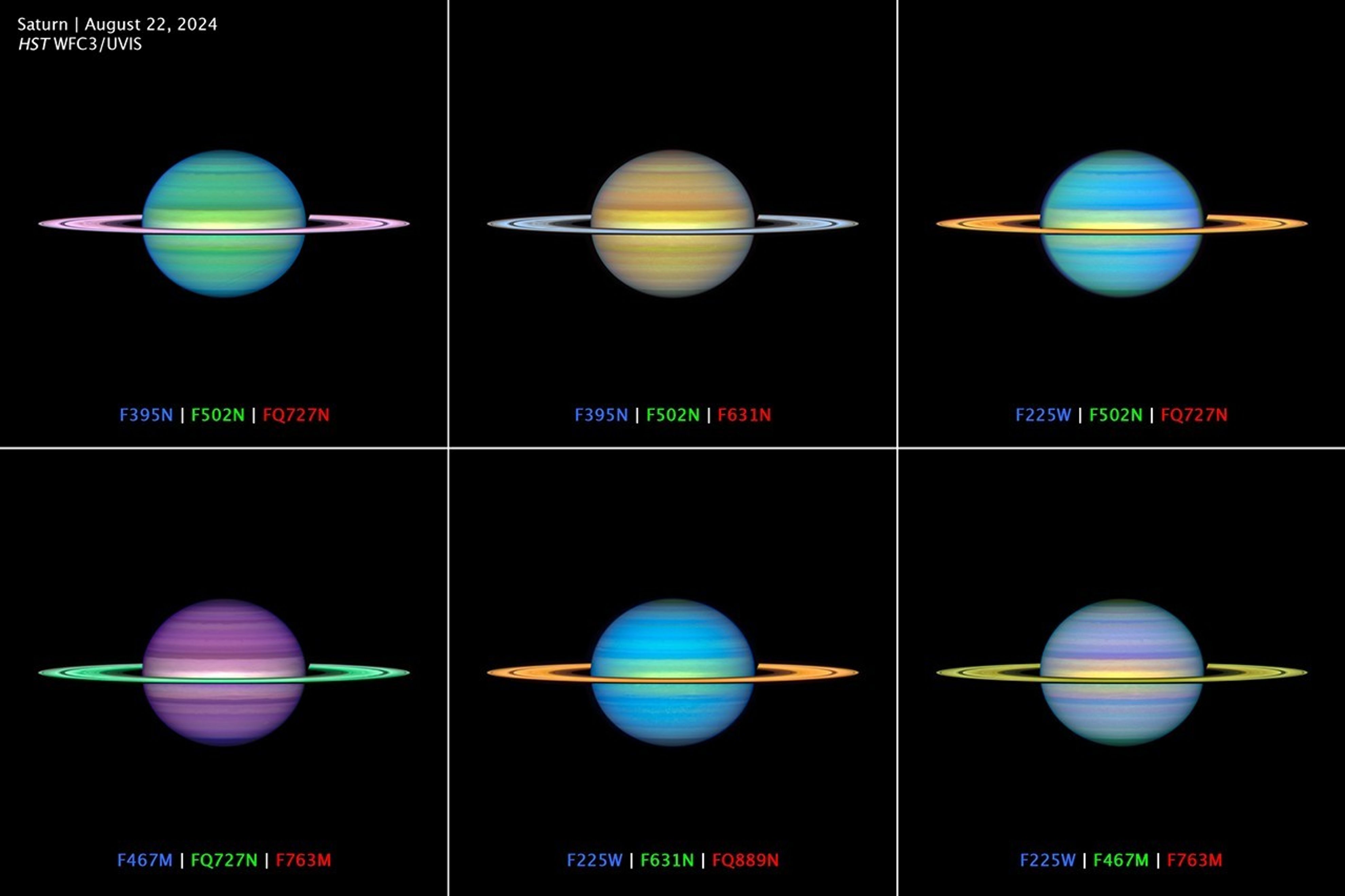 A six-panel collage titled Saturn, August 22, 2024, HST WFC3/UVIS. This array of Saturn images depict real data from multiple filters mapped onto the RGB colors perceptible to the human eye. Each filter combination emphasizes subtle differences in cloud altitude or composition. Infrared spectra from the Cassini mission suggested that Saturn's aerosol particles may have even more complex chemical diversity than on Jupiter. The OPAL (Outer Planet Atmospheres Legacy) program extends Cassini's legacy by measuring how the subtle patterns in the clouds vary over time.