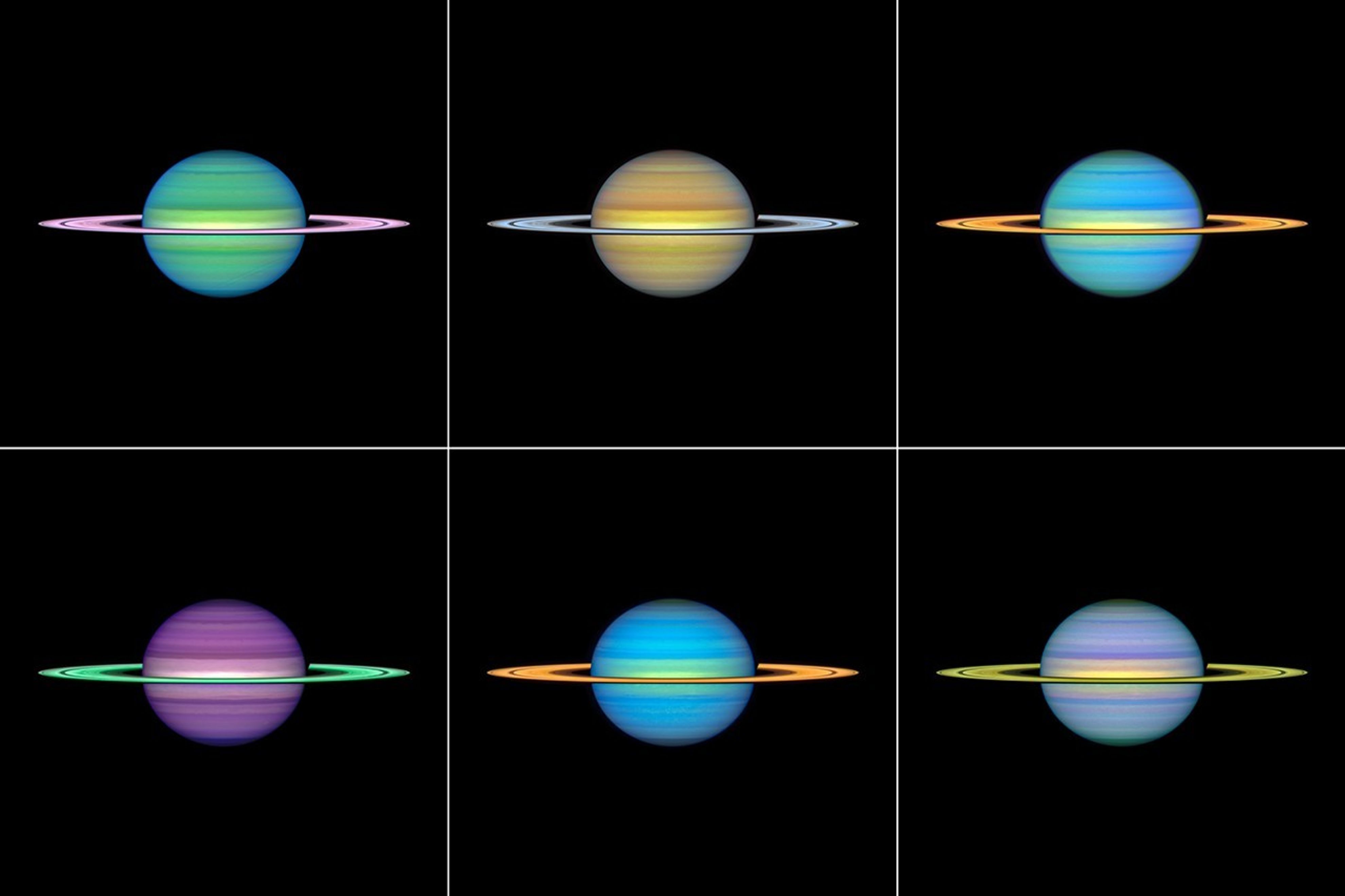 A six-panel collage titled Saturn, August 22, 2024, HST WFC3/UVIS. This array of Saturn images depict real data from multiple filters mapped onto the RGB colors perceptible to the human eye. Each filter combination emphasizes subtle differences in cloud altitude or composition. Infrared spectra from the Cassini mission suggested that Saturn's aerosol particles may have even more complex chemical diversity than on Jupiter. The OPAL (Outer Planet Atmospheres Legacy) program extends Cassini's legacy by measuring how the subtle patterns in the clouds vary over time.