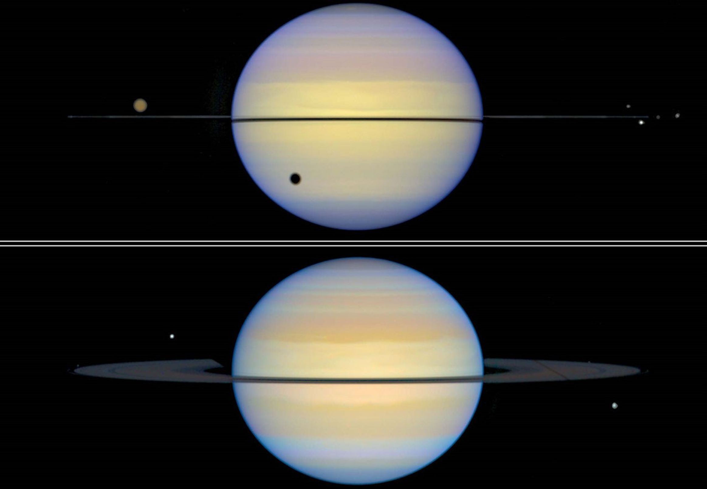 Two images of Saturn, side-by-side. In the top image, where Saturn's rings are edge-on, they appear as a black line across the planet. Saturn's large moon Titan appears as an orange sphere above the rings on the left side, casting a shadow onto Saturn's lower-left, and four more smaller moons are visible at the right edge of Saturn's rings. In the bottom image, the rings aren't quite edge-on and more easily visible. One moon is above the rings on the left side, a second (much smaller) moon is at the very left edge of the rings, and the third is visible below the rings on the right.