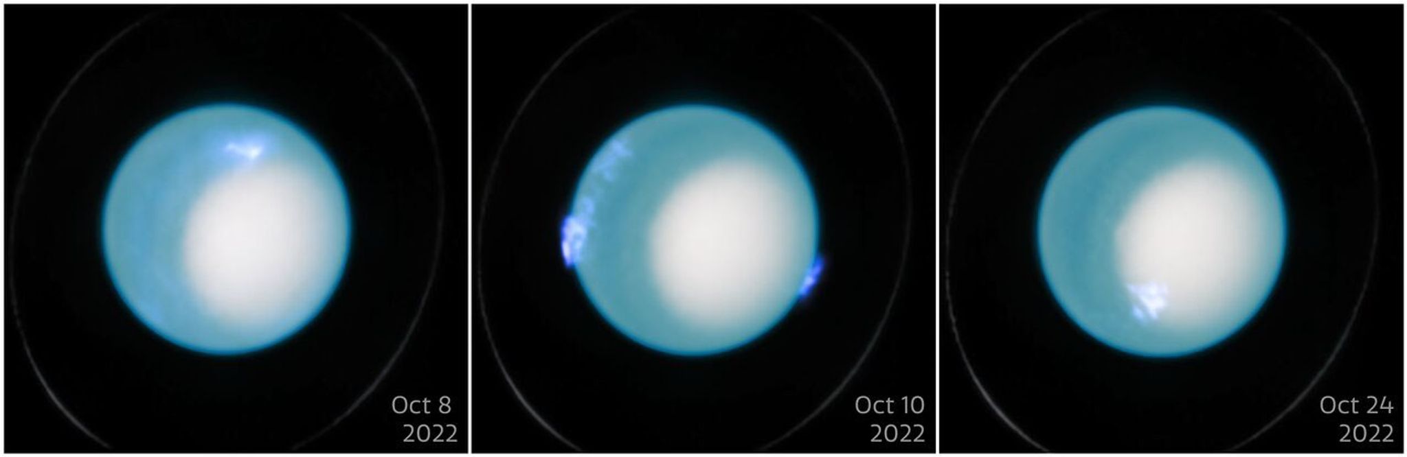 This visual shows three panels that each show Uranus and dynamic aurora activity. The images were captured in October 2022 on the 8th, 10, and 24th respectively. Each image shows the planet with a strong blue hue and a visible white region. A faint ring is also visible around the planet in each image. Each image shows fuzzy blue/purple regions hovering over the planet in different locations to indicate the aurorae.