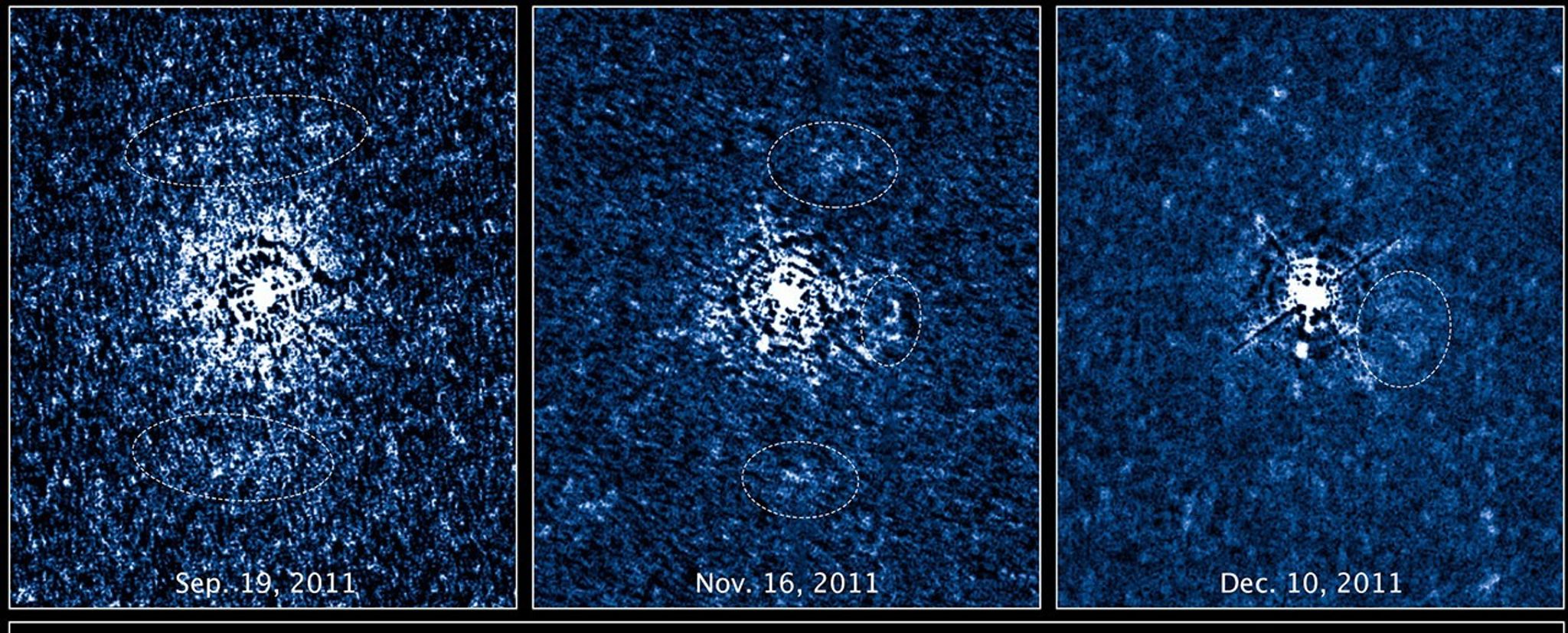A three panel image in blue and white. Each is a grainy image of the star. In the first image (labeled Sep. 19, 2011) blobs and flecks of material around the star are visible and widely spread. Two ovals to the top and bottom of the star indicate particular areas. In the second image (labeled Nov. 16, 2011), less material shows around the star and the circled areas are smaller. In the third image (labeled Dec. 10, 2011), the material visible has shrunk further and a new area is circled, to the right of the star.