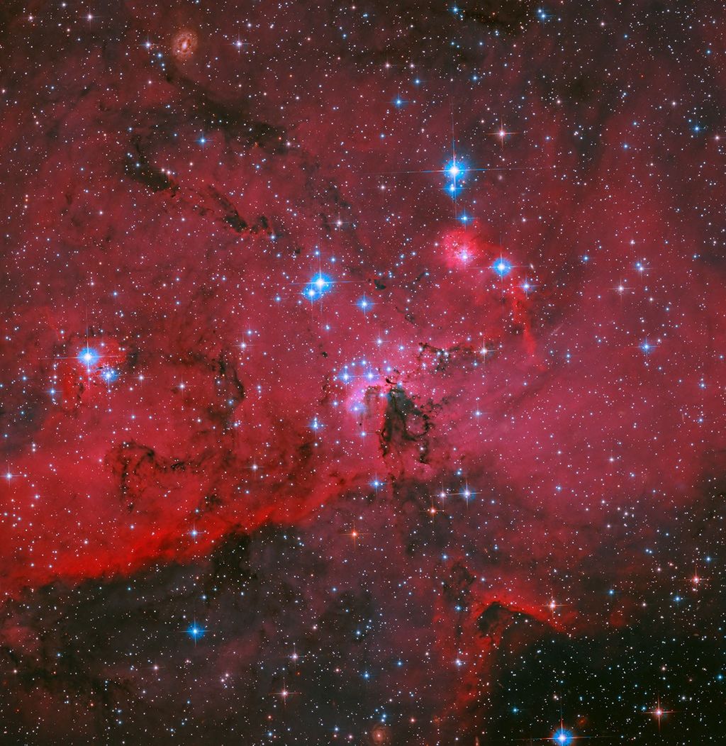 NASA’s Hubble Captures Crimson Cloud Sparkling with White, Blue Stars