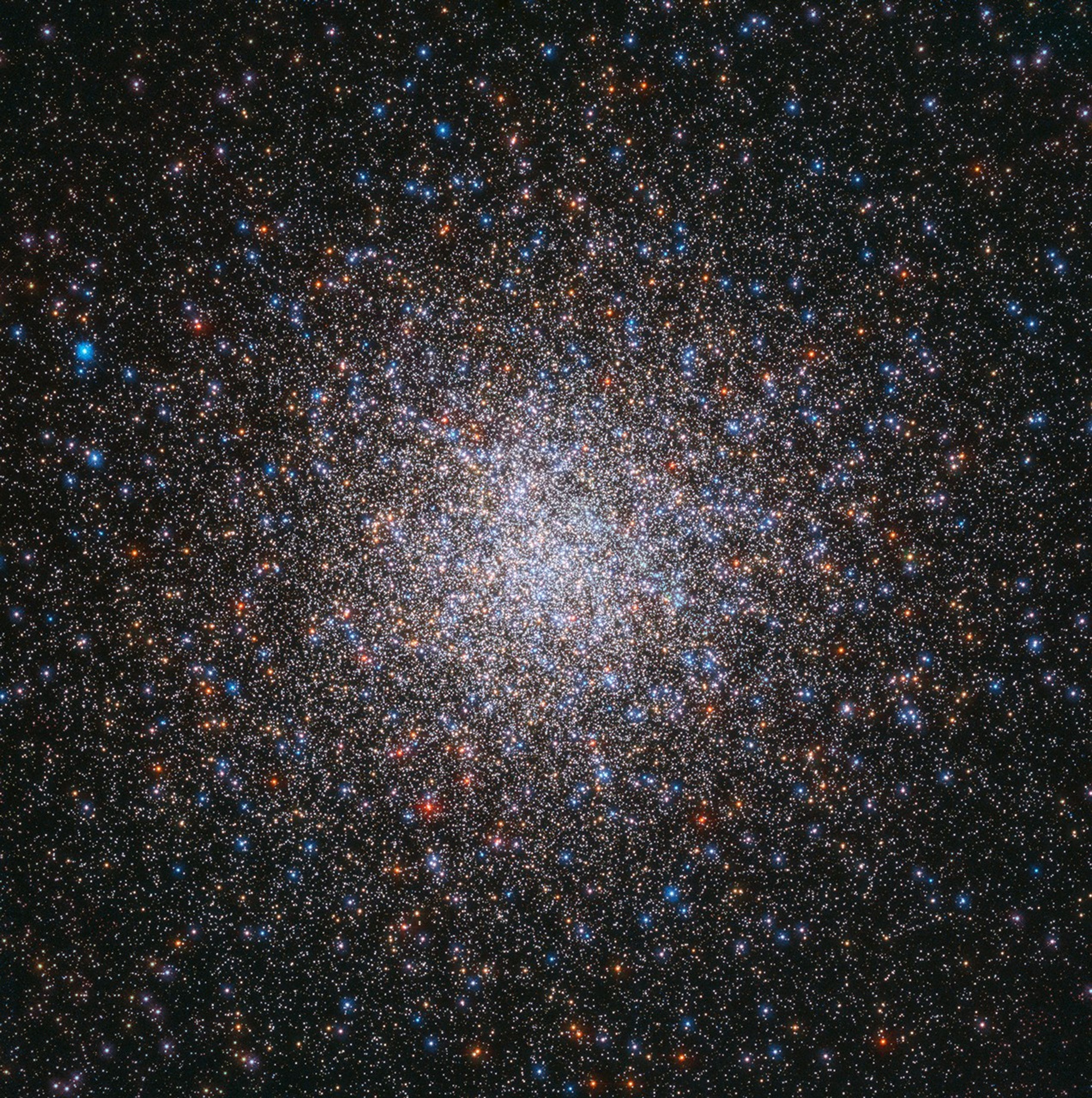 A sphere of colorful stars fills the view. Bright-white stars are concentrated at image center. Blue, red, orange and yellow stars also speckle the view.