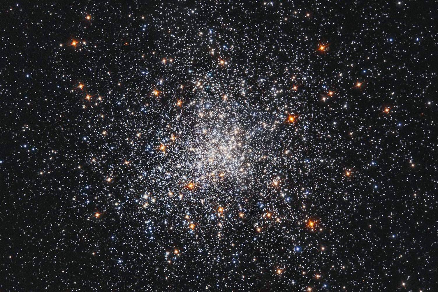 A cluster or white and orange stars, more densely concentrated at the center.