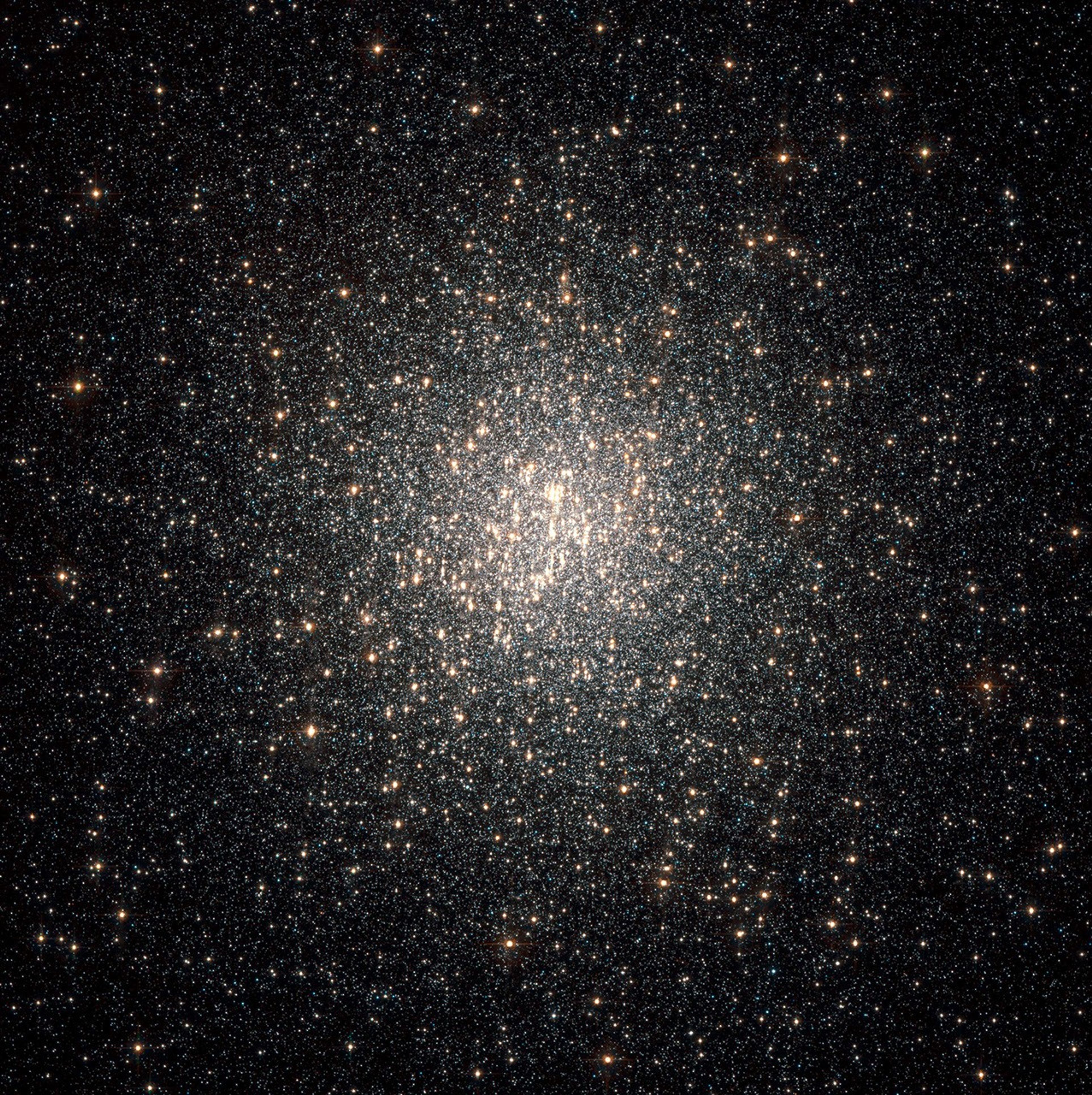 A cluster of stars. Most of the stars are very small and uniform in size, and they are notably yellowish and cluster more densely together toward the center of the image. Some appear larger in the foreground. The stars give way to a dark background at the corners.