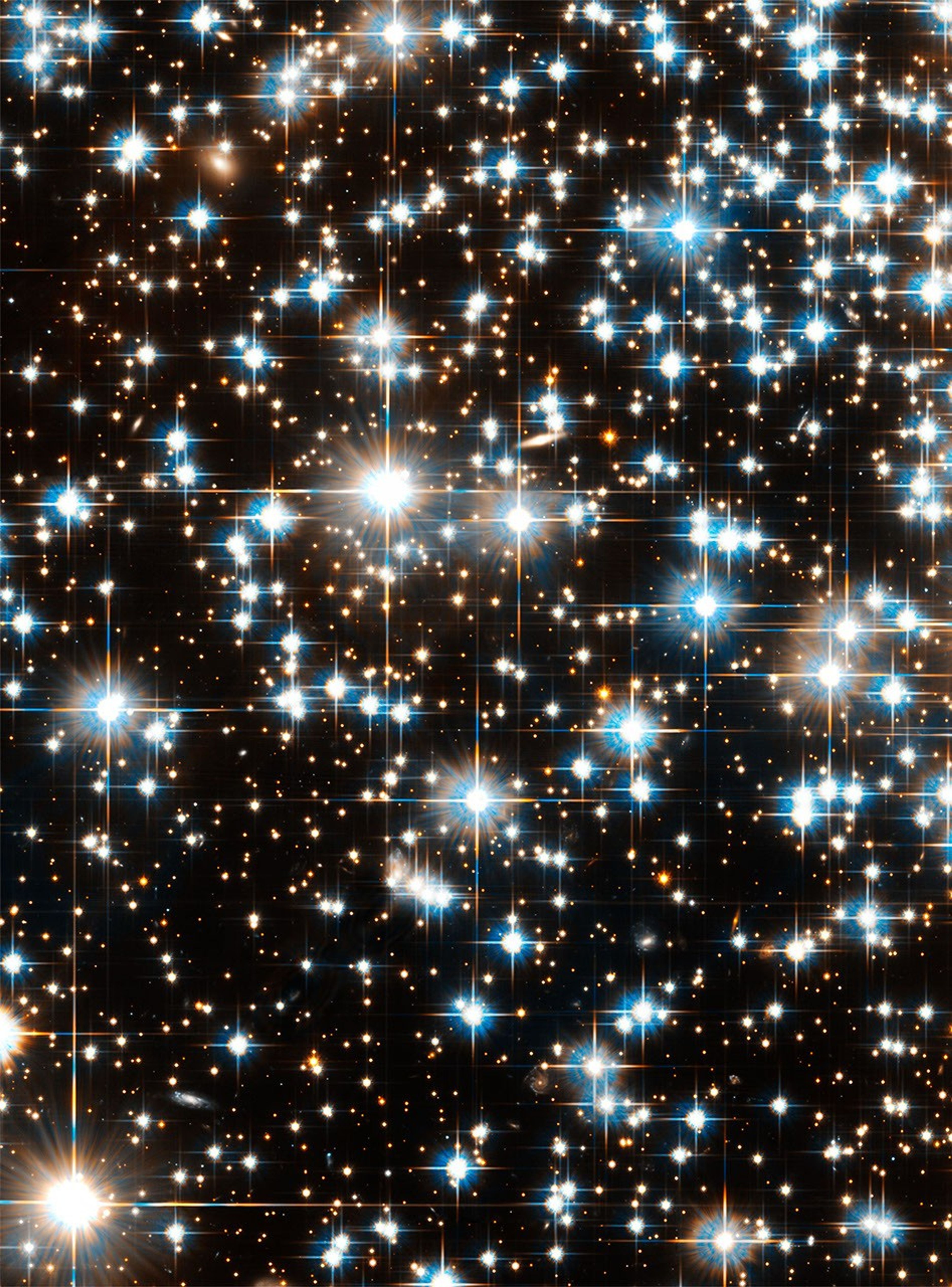 Dozens of bluish-white (sometimes with a reddish outer hue) shining brightly, with hundreds more stars in the background.