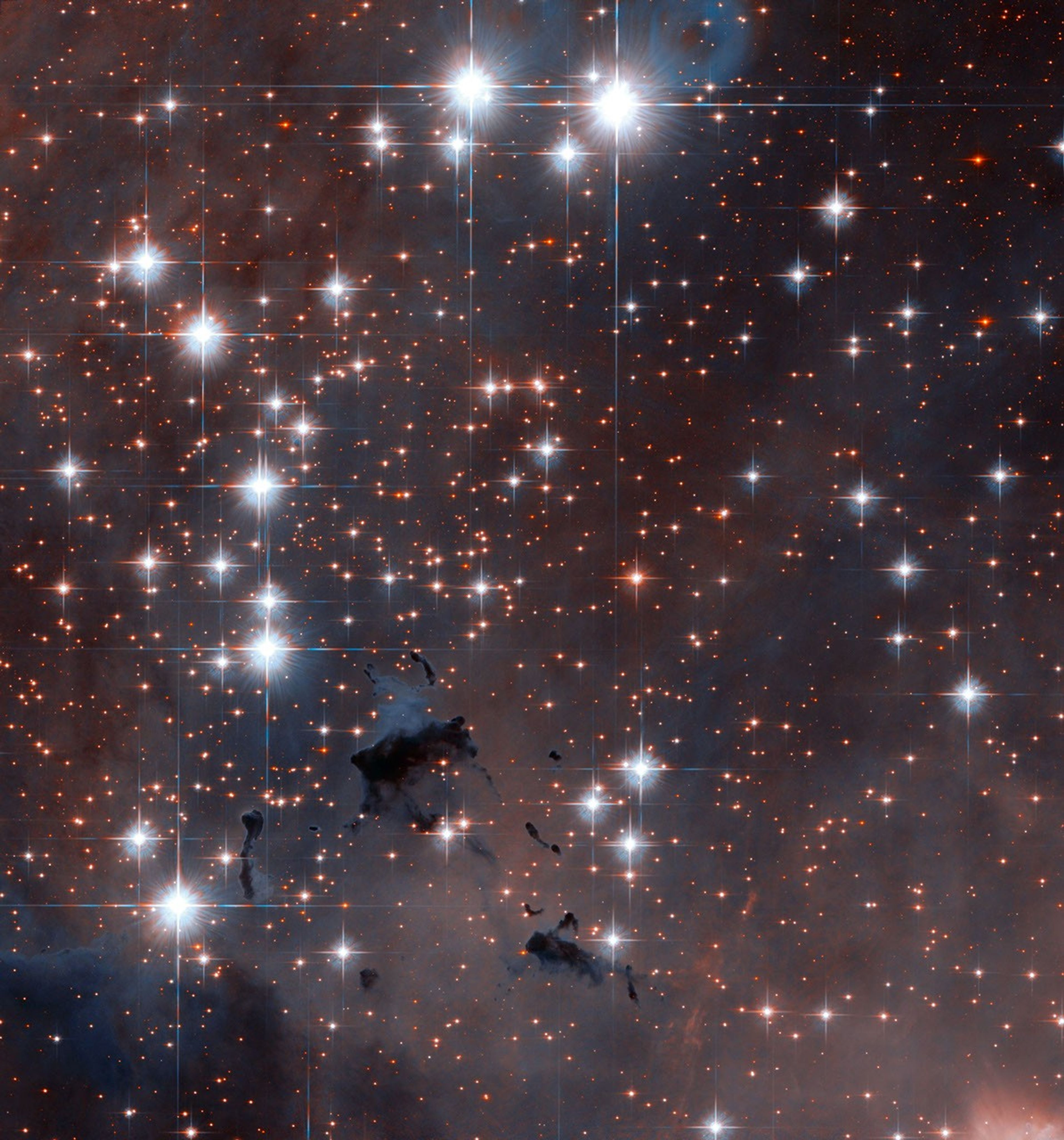A hazy pinkish-reddish-white gaseous backdrop, with dark-blue globs of gas and dust in the lower-left. Several dozen white stars shine in the foreground, with hundreds more in the background that appear reddish-orange.