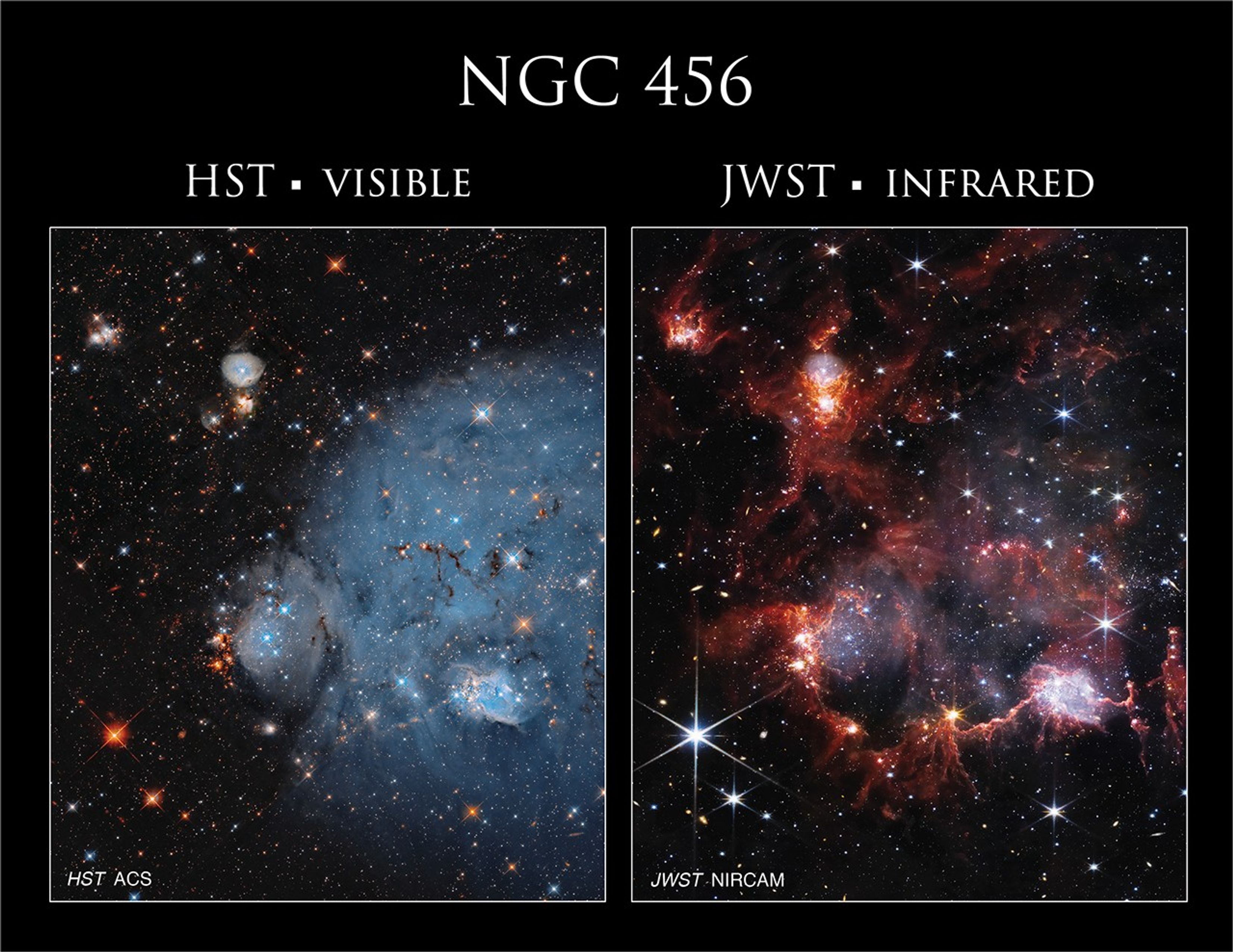 On the left is a Hubble image of NGC 460, a round,bubble-shaped bluish cloud of gas and dust. On the right is a Webb telescope image of NGC 460, showing a cavern-like outline of red filaments of dust. Both are studded with stars.