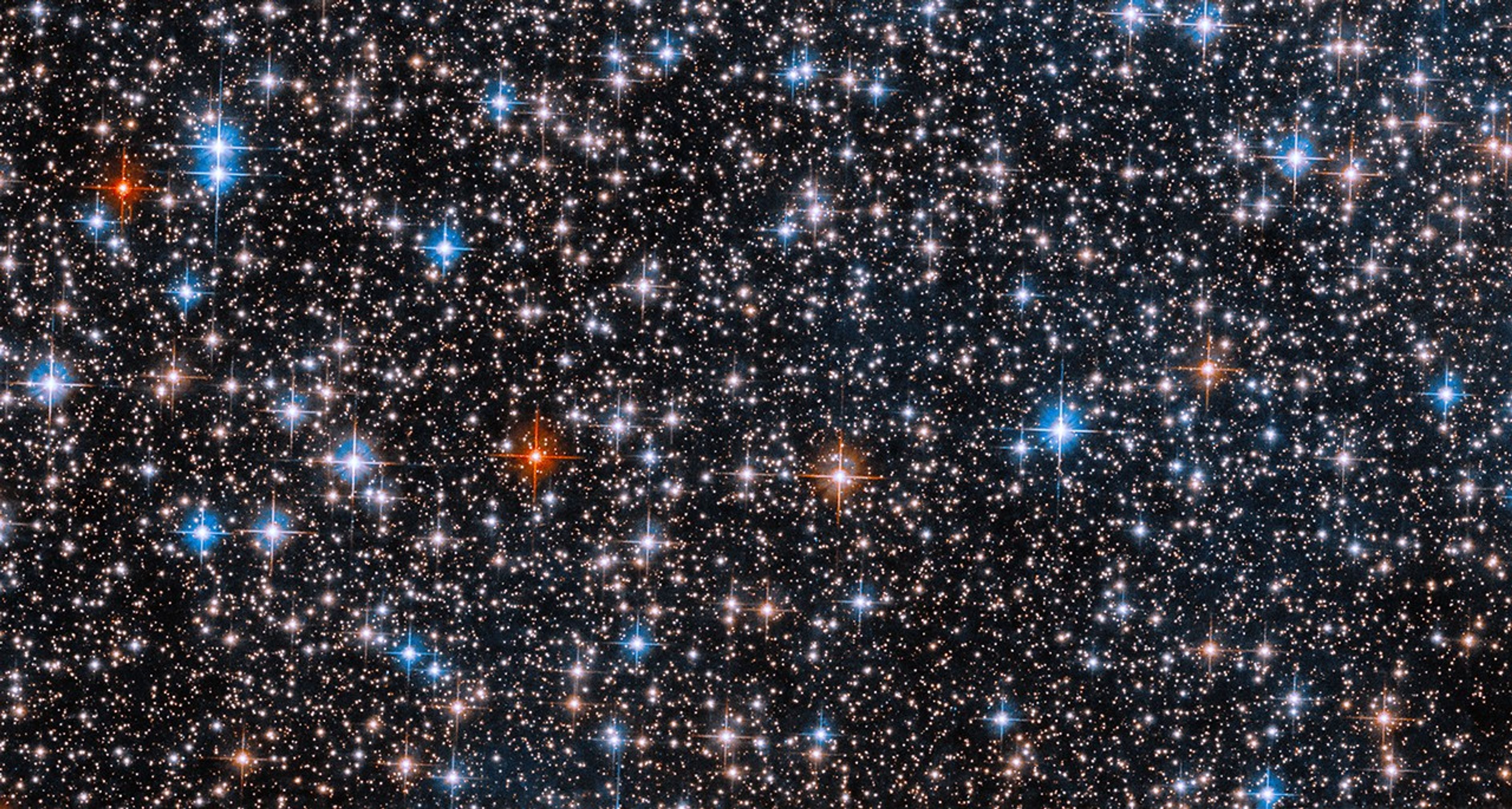 A thick field of stars on the black background of space. The stars are blue, red and white and fill the screen.
