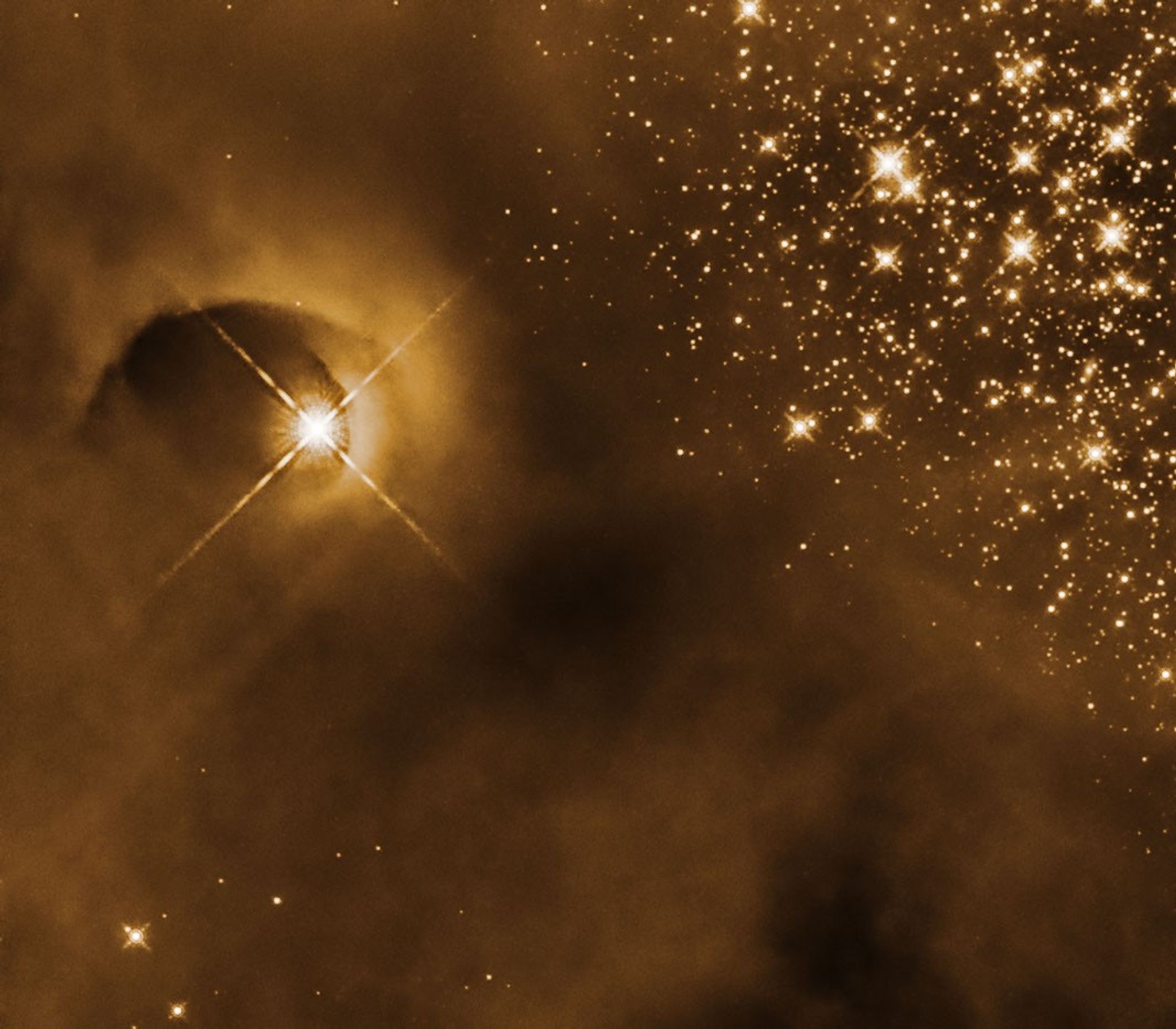 A bright protostar is nestled within a cavern-like gap in a cloud of gas and dust to the left. To the right, the gas cloud fades away to show a area thick with glittering stars.