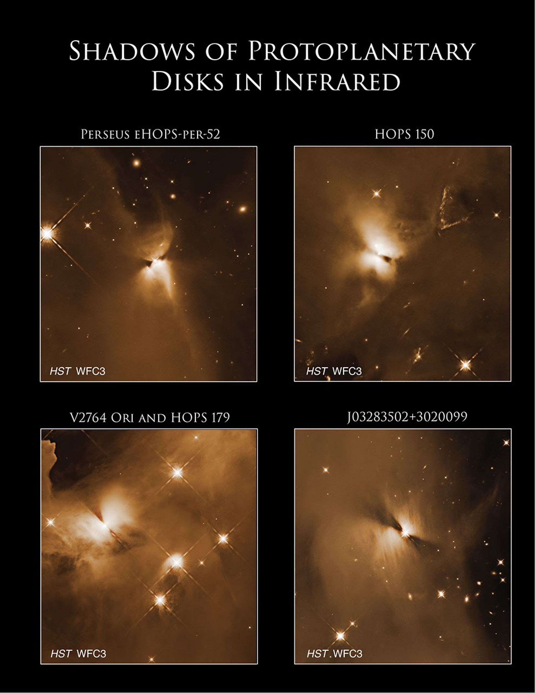 The central disks of bright protostars cast wider, twin, fan-shaped shadows across clouds of gas and dust in these orange-colored images. There are four images in a grid, clockwise from upper left: Perseus  eHOPS-per-52, HOPS 150, V2764 Ori and HOPS 179, J03283502+3020099.