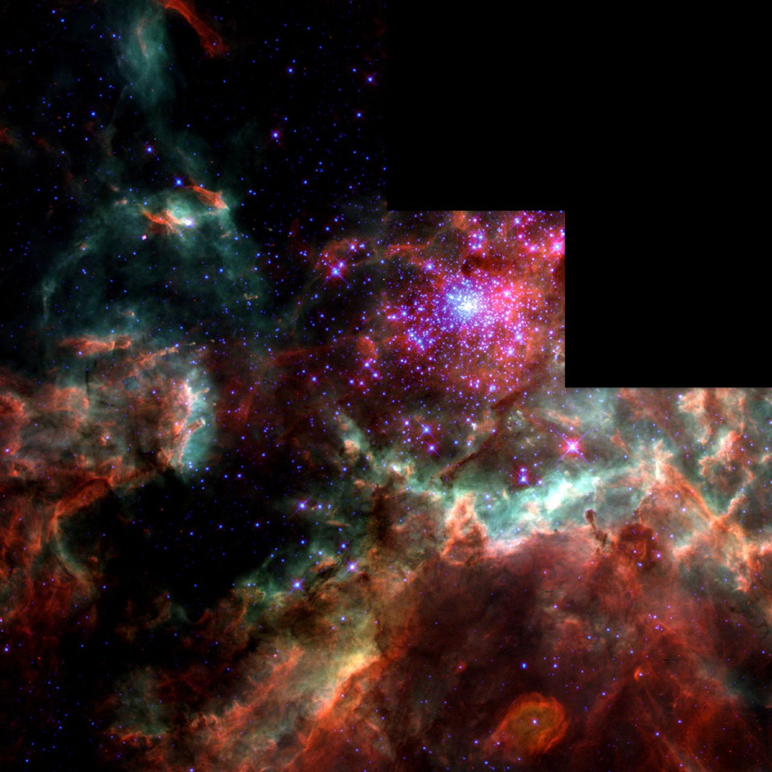 Clouds of rust, pink, blue, green, and white fill the scene. A bright cluster of stars is visible toward the top-center of the image. The blue-white stars are surrounded by bright pink clouds.