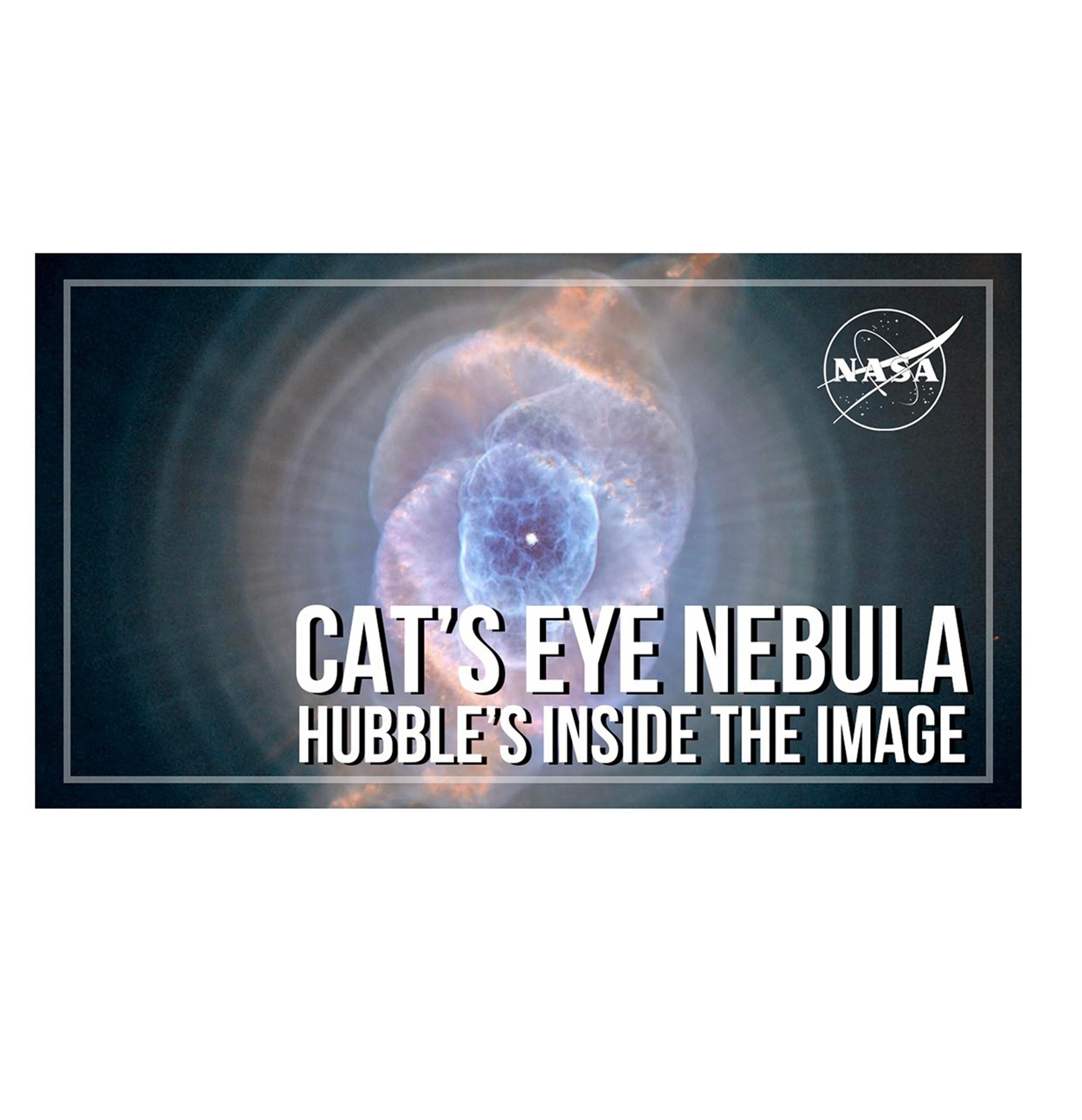 Rings of lavender, blue, and pink surround a central star. The NASA logo is in the upper-right corner. The title is in white: "Cat's Eye Nebula" on one line, "Hubble's Inside the Image" on the second line.