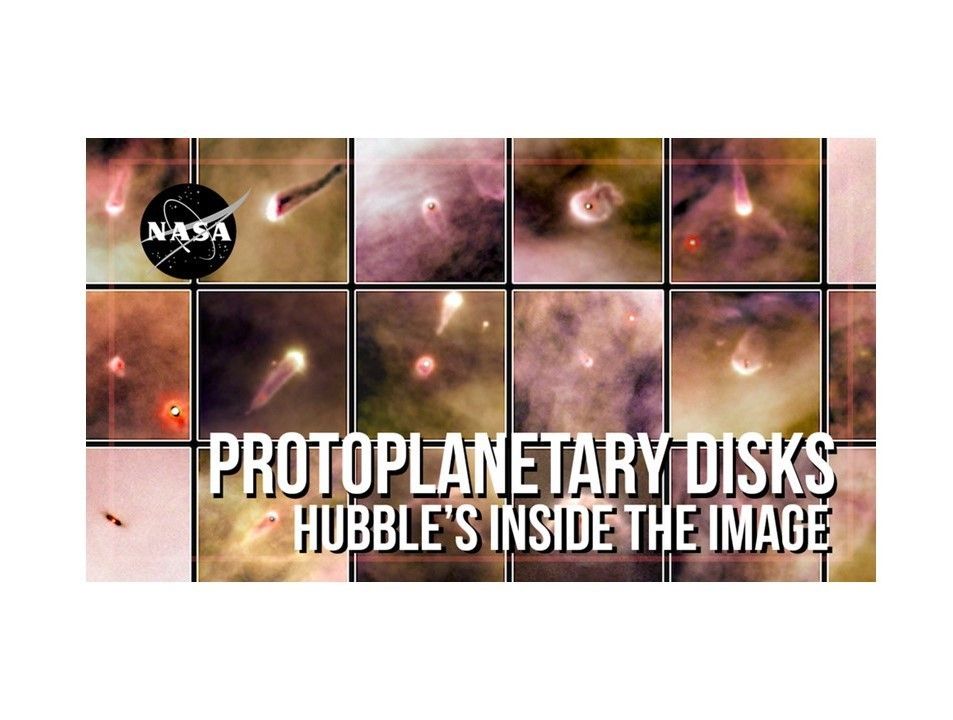 Thumbnail image from the Hubble Inside the Image video about protoplanetary disks. The image holds a collage of images of protoplanetary disks in Orion.