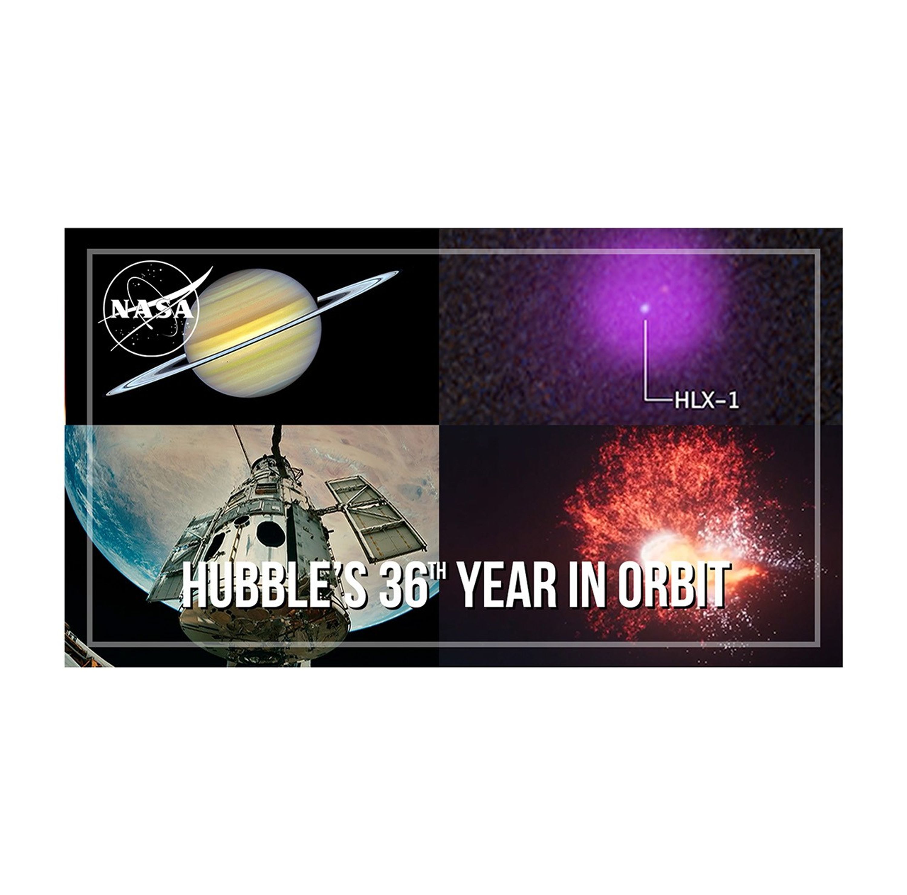 Four images, one in each quadrant. The upper-left quadrant holds an image of Saturn. The upper-right holds an image of a dense cluster of stars packed extremely close together. The lower-right quadrant holds an artist's rendition of two objects colliding to form a planetesimal. The lower-left quadrant holds an image of Hubble orbiting above Earth. The words "Hubble's 36th year in orbit" in white letters line the bottom of the image. NASA's meatball logo in white is in the upper-left corner of the image.