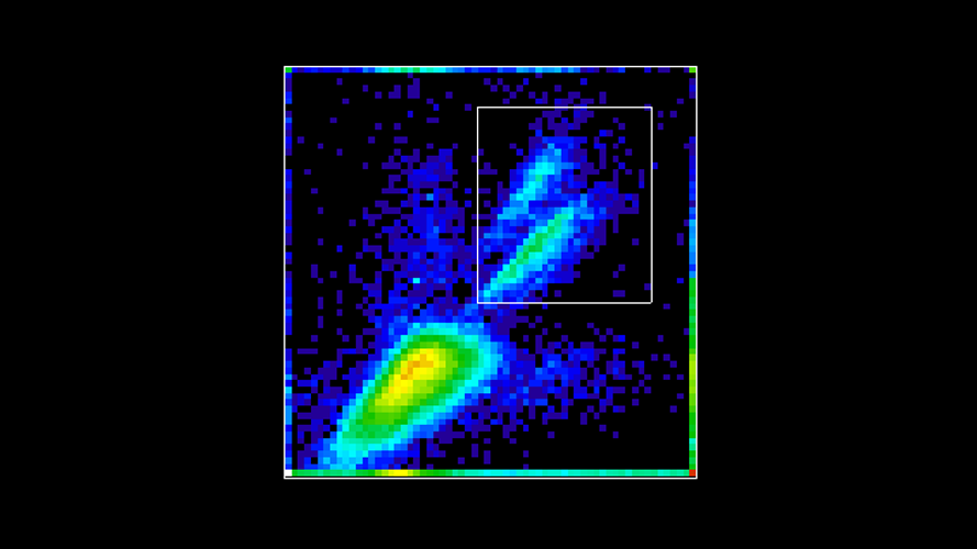 A square image is mottled with black and blue pixels with an elongated oval-shaped feature in light blue, green, yellow, and orange at the bottom left. In the upper right is a smaller box around two smaller elongated streaks in green.