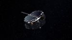 A round-shaped spacecraft with black solar panels on top appears at the center of the image against a black background speckled with white stars.