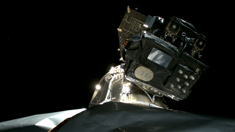 Image shows a gold metallic spacecraft known as NASA's Carruthers Geocorona Observatory deploying from SpaceX's second stage