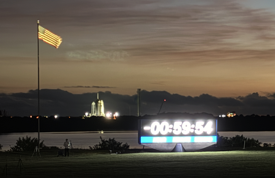 The historic countdown clock outside the NASA News Center at the agency’s Kennedy Space Center in Florida counts down to launch of NASA’s IMAP (Interstellar Mapping and Acceleration Probe), the agency’s Carruthers Geocorona Observatory, and National Oceanic and Atmospheric Administration’s (NOAA) Space Weather Follow On–Lagrange 1 (SWFO-L1) spacecraft on Wednesday, Sept. 24, 2025.