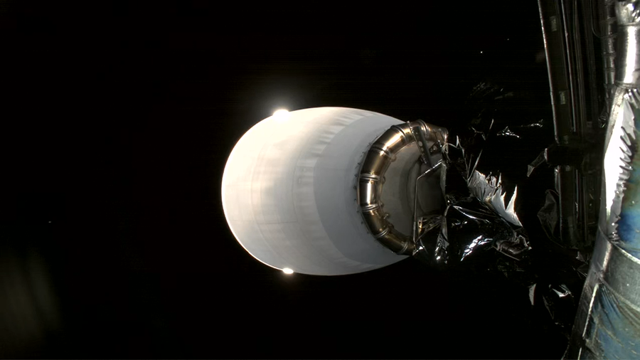 Image shows a white object representing NASA's IMAP (Interstellar Mapping and Acceleration Probe) deploys into orbit on Wednesday, Sept. 24, 2025/.