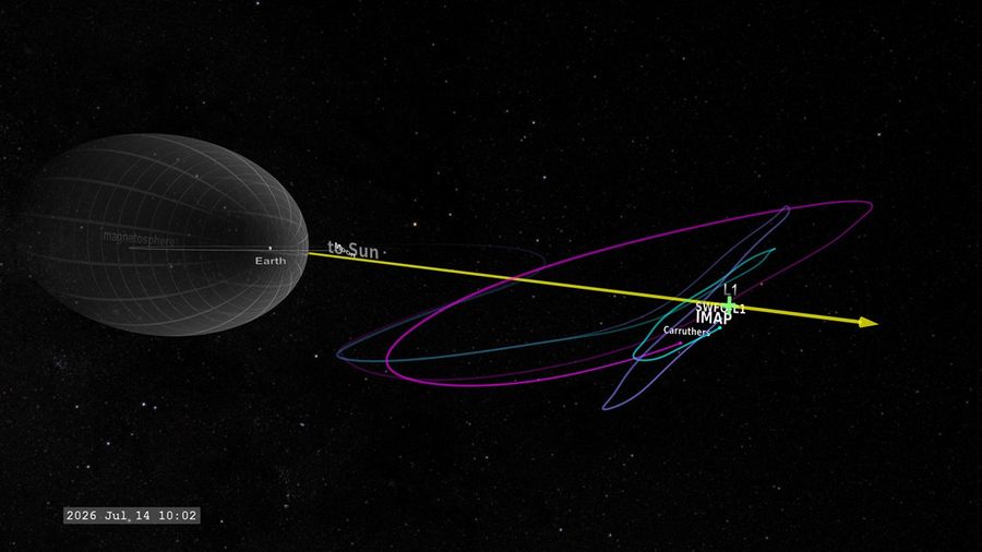 A data visualization shows Earth on the left surrounded by a gray oval labeled "magnetosphere." A long, yellow arrow points toward the right and is labeled "to Sun." Along that arrow, on the right, is a green plus sign marked L1. Colored ovals show the orbits of the IMAP, Carruthers, and SWFO-L1 spacecraft in teal, pink, and purple, respectively. IMAP's orbit around L1 is the smallest, with SWFO-L1's orbit slightly bigger. Carruthers has a very large orbit around L1. In the lower left is a time stamp that reads 2026 Jul 14 10:02.