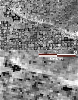 Landsat 7 thermal band (top) compared to the MODIS thermal band (bottom).