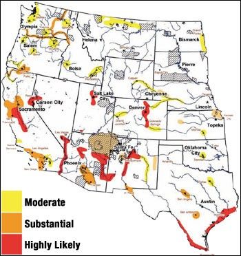 The DOI Water 2025 report shows which western cities are at risk for water crises and conflicts. Image credit: DOI