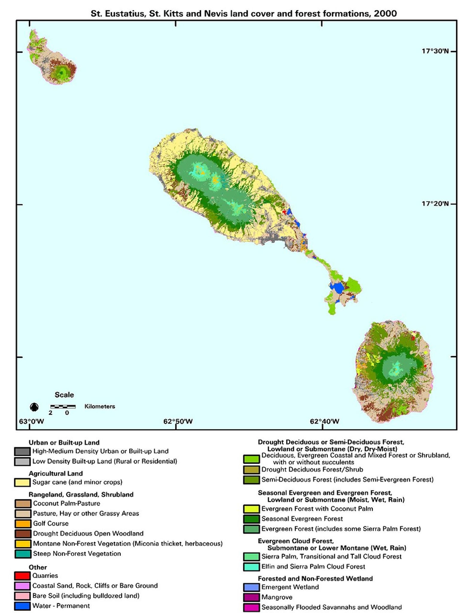 Landsat-derived land use maps of St. Kitts and Nevis Islands.