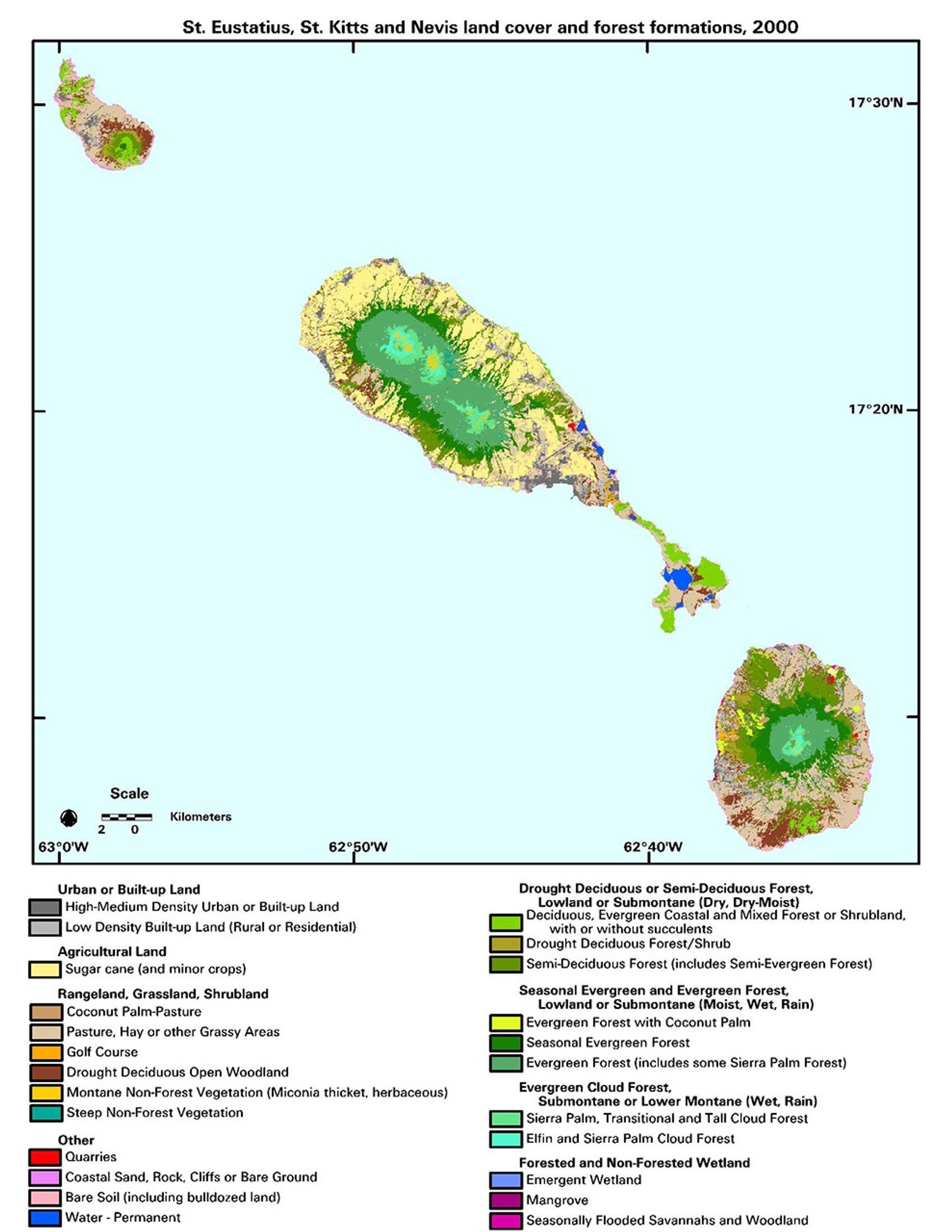 Landsat-derived land use maps of St. Kitts and Nevis Islands.