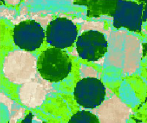 Landsat 5 thermal image processed in METRIC (Mapping EvapoTranspiration at high Resolution with Internalized Calibration) of center pivot irrigated fields in Wyoming. Courtesy of Wyoming State Engineer’s Office.
