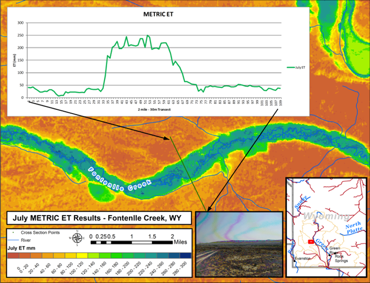 Preliminary monthly evapotranspiration estimation results for the month of July along a narrow river corridor of the Green River Basin when irrigation is applied using surface water deliveries. Courtesy of Wyoming State Engineer’s Office.