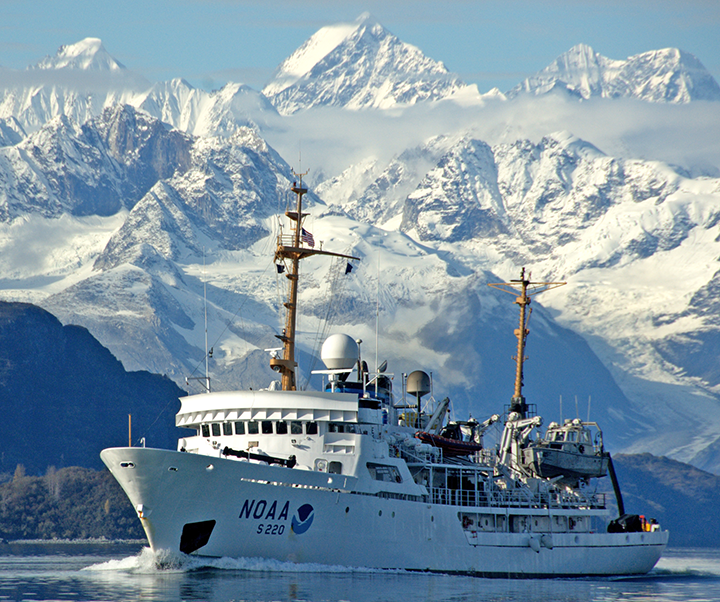 The NOAA Ship Fairweather in the Gulf of Alaska with its namesake Mt. Fairweather. Photo credit: NOAA