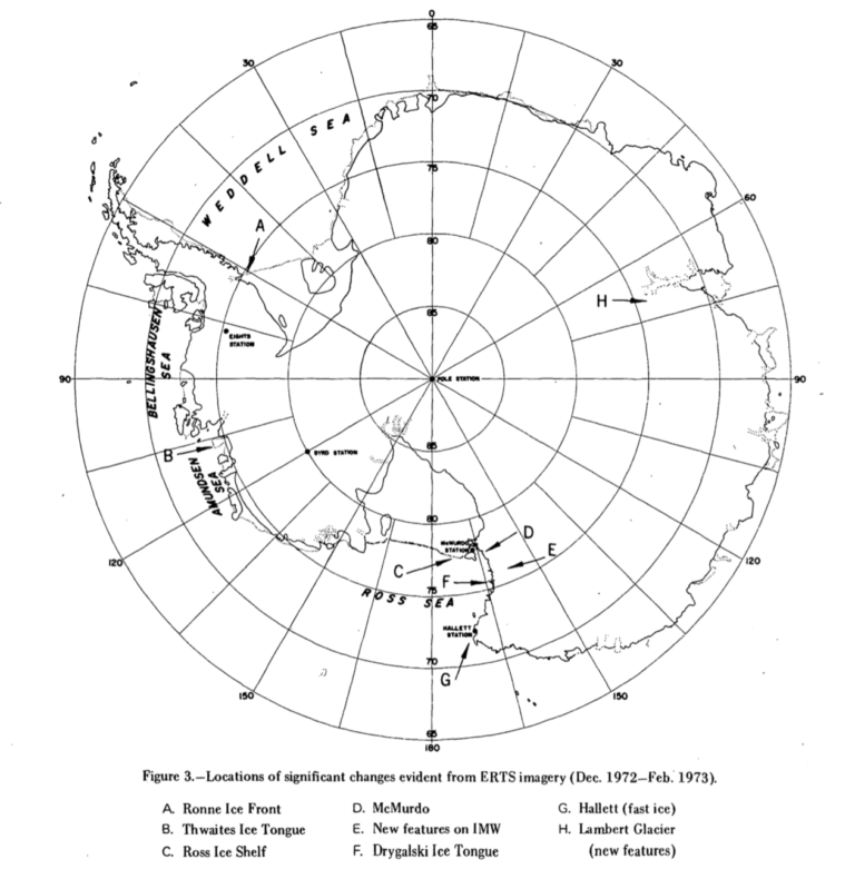 Polar projection of Antarctica highlighting eight significant ice changes (labeled A-H) observed from ERTS satellite imagery during December 1972-February 1973. Notable features include the Ronne Ice Front, Thwaites Ice Tongue, Ross Ice Shelf, McMurdo area changes, Drygalski Ice Tongue, and Lambert Glacier, demonstrating early satellite monitoring of Antarctic ice dynamics.