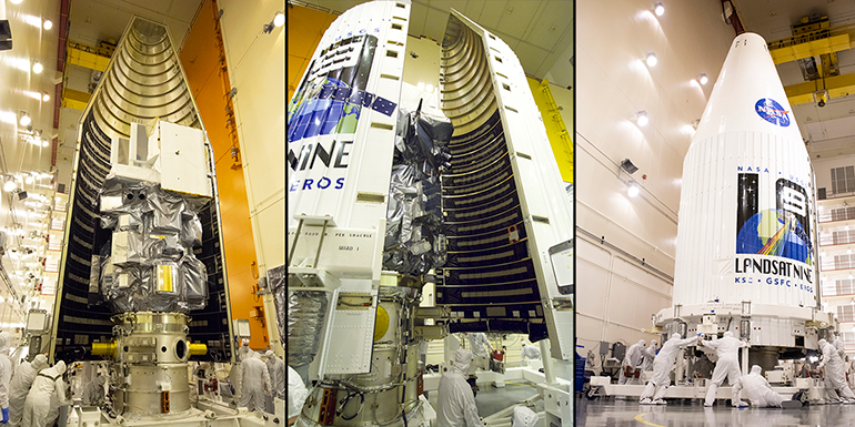 Landsat 9 being encapsulated in its fairing.